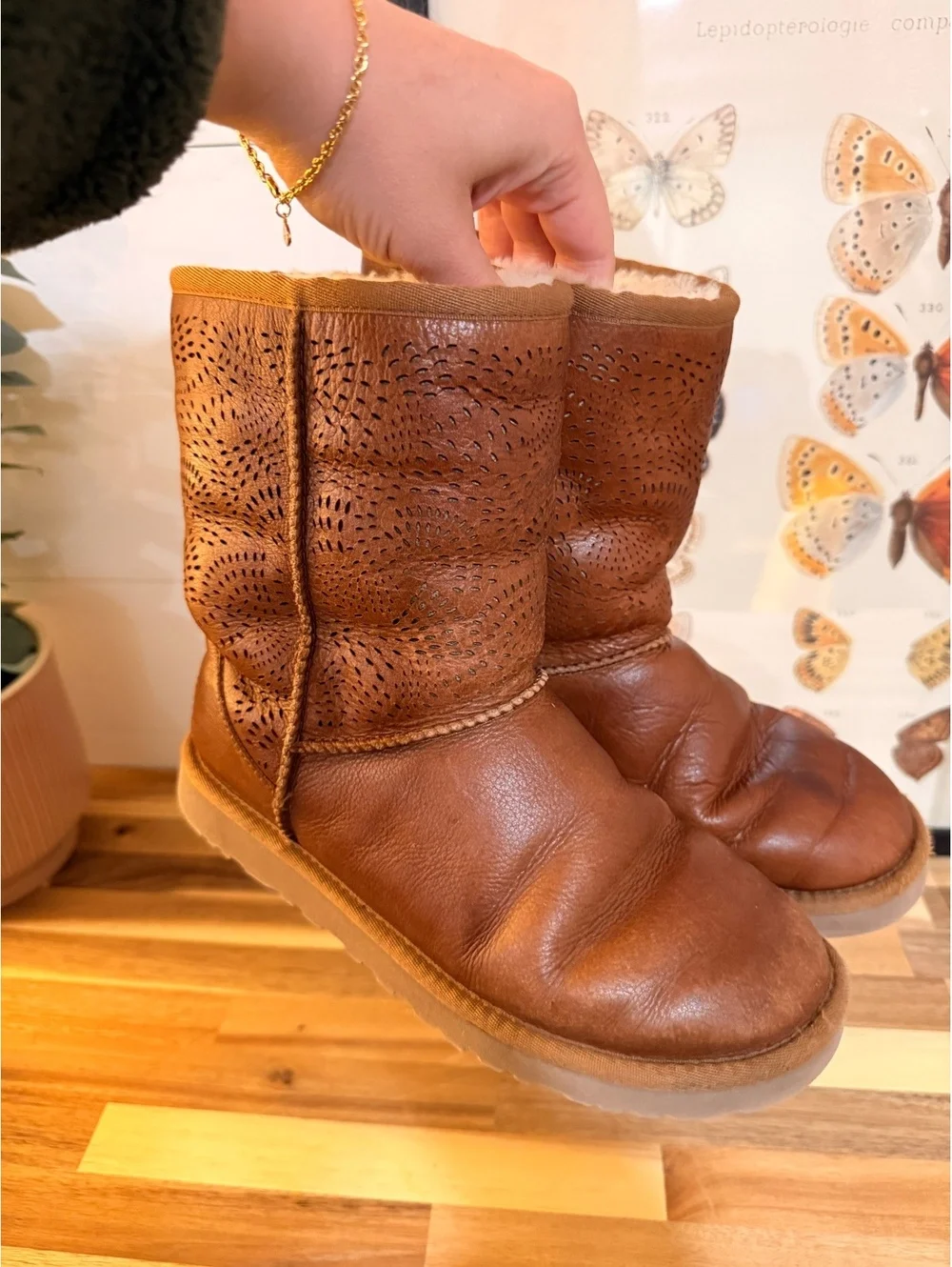 Ugg Women's Brown Perforated Leather Winter Boots with Shearling Lining